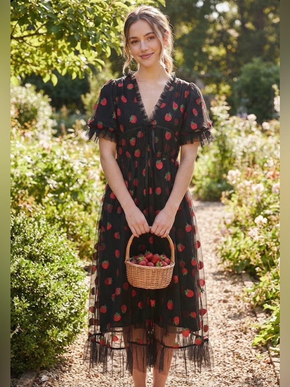 Black Strawberry Print Ruffle Midi woman dress size M